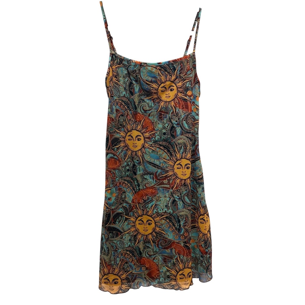 Y2K Celestial Sun Moon Mesh Mini Dress Boho Whimsy Festival Dress M